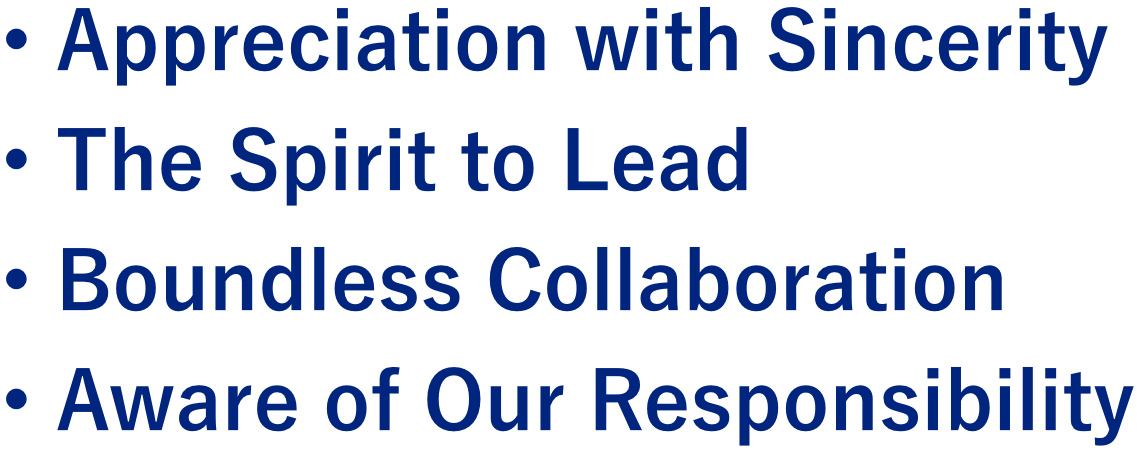 Appreciation with Sincerity, The Spirit to Lead, Boundless Collaboration, Aware of Our Responsibility